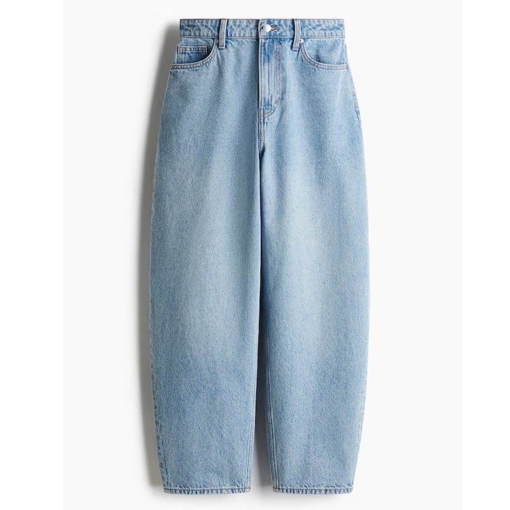 H&M &Denim Barrel Jeans Womens 10 Light Blue High Waist Loose Fit Tapered Leg